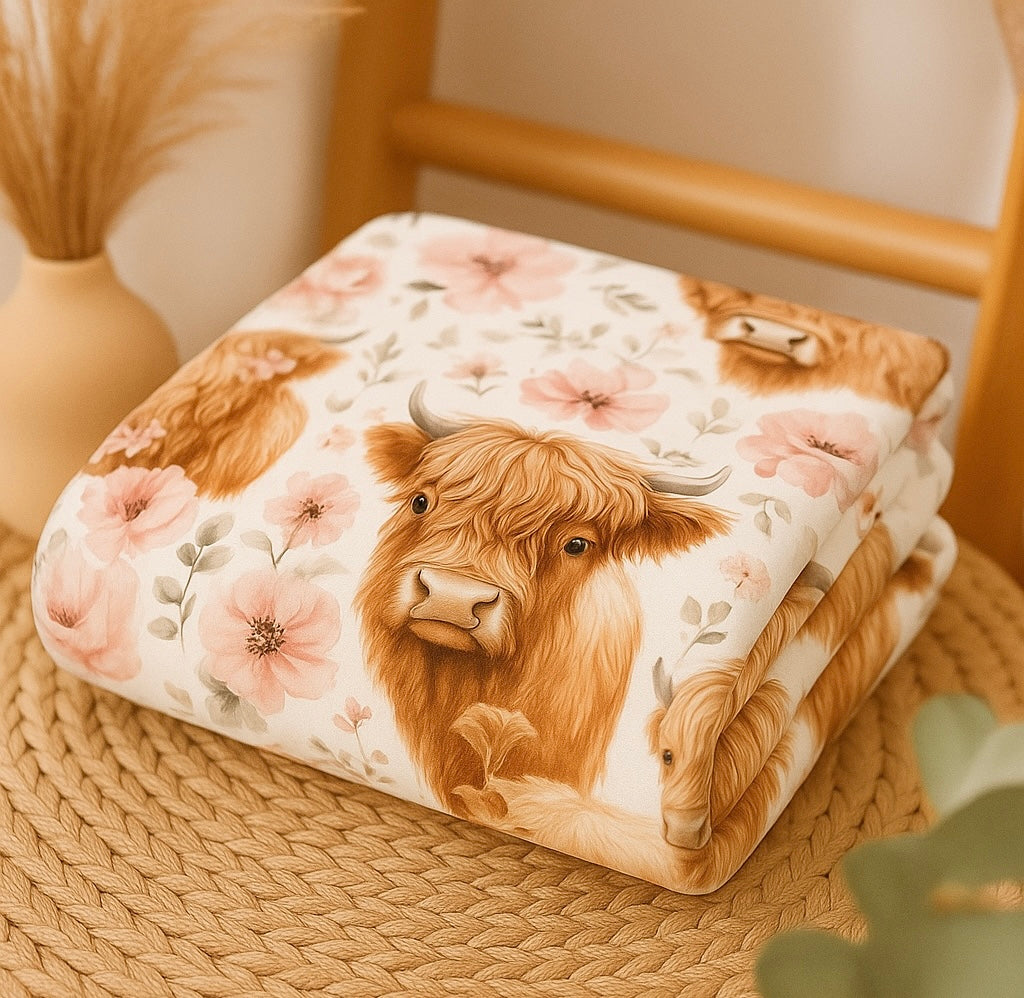 Couverture douceur highland fleurs aquarelles