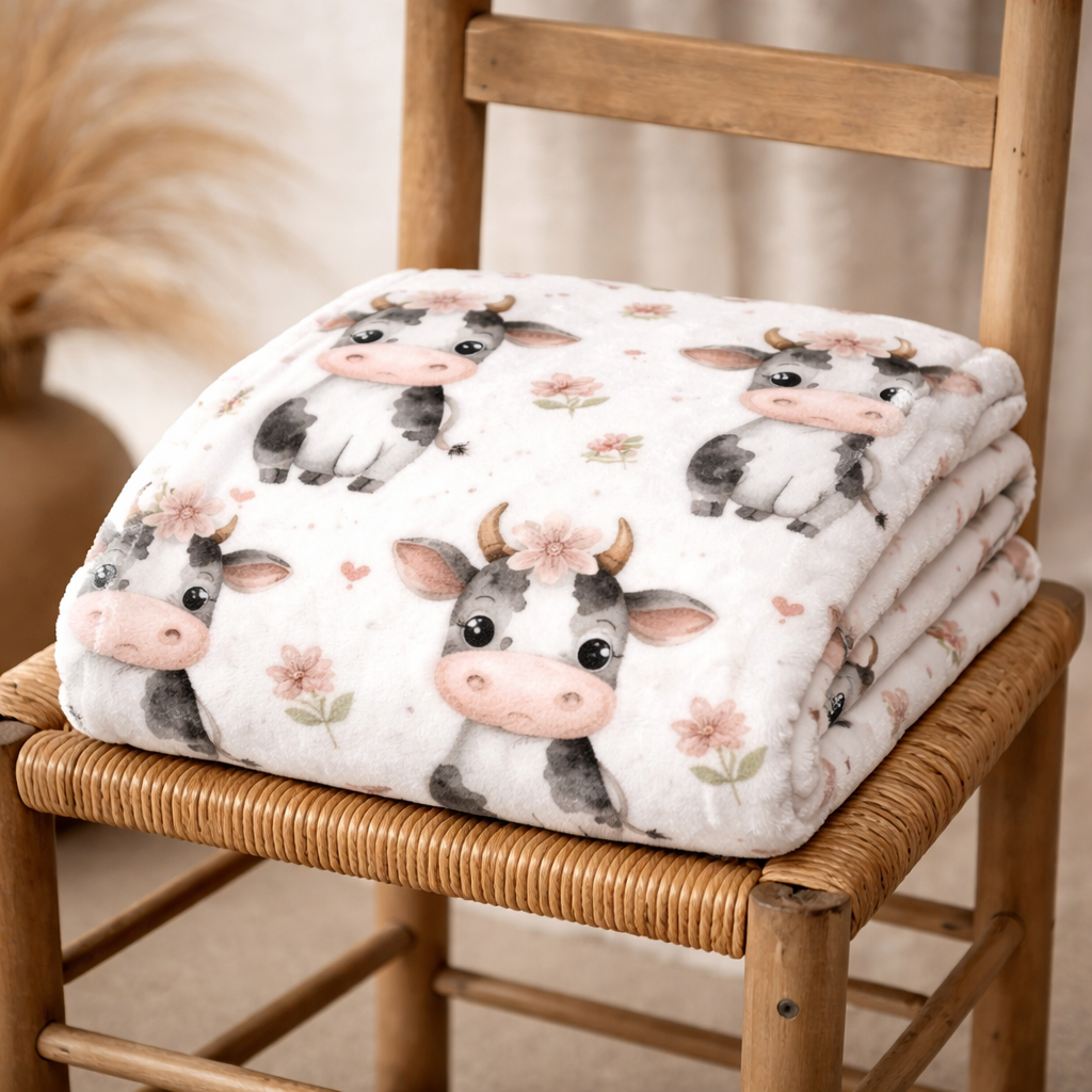 Couverture douceur vache champs de fleurs rose
