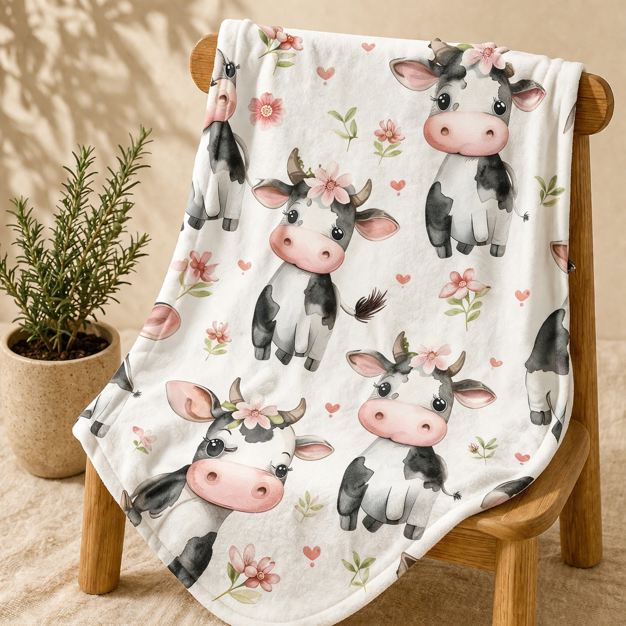 Couverture douceur vache champs de fleurs rose