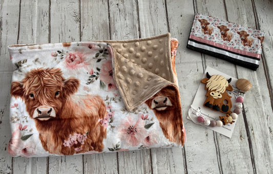 Ensemble cadeau vache highland fleur aquarelle