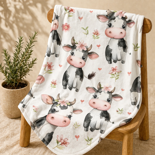 Couverture douceur vache champs de fleurs rose